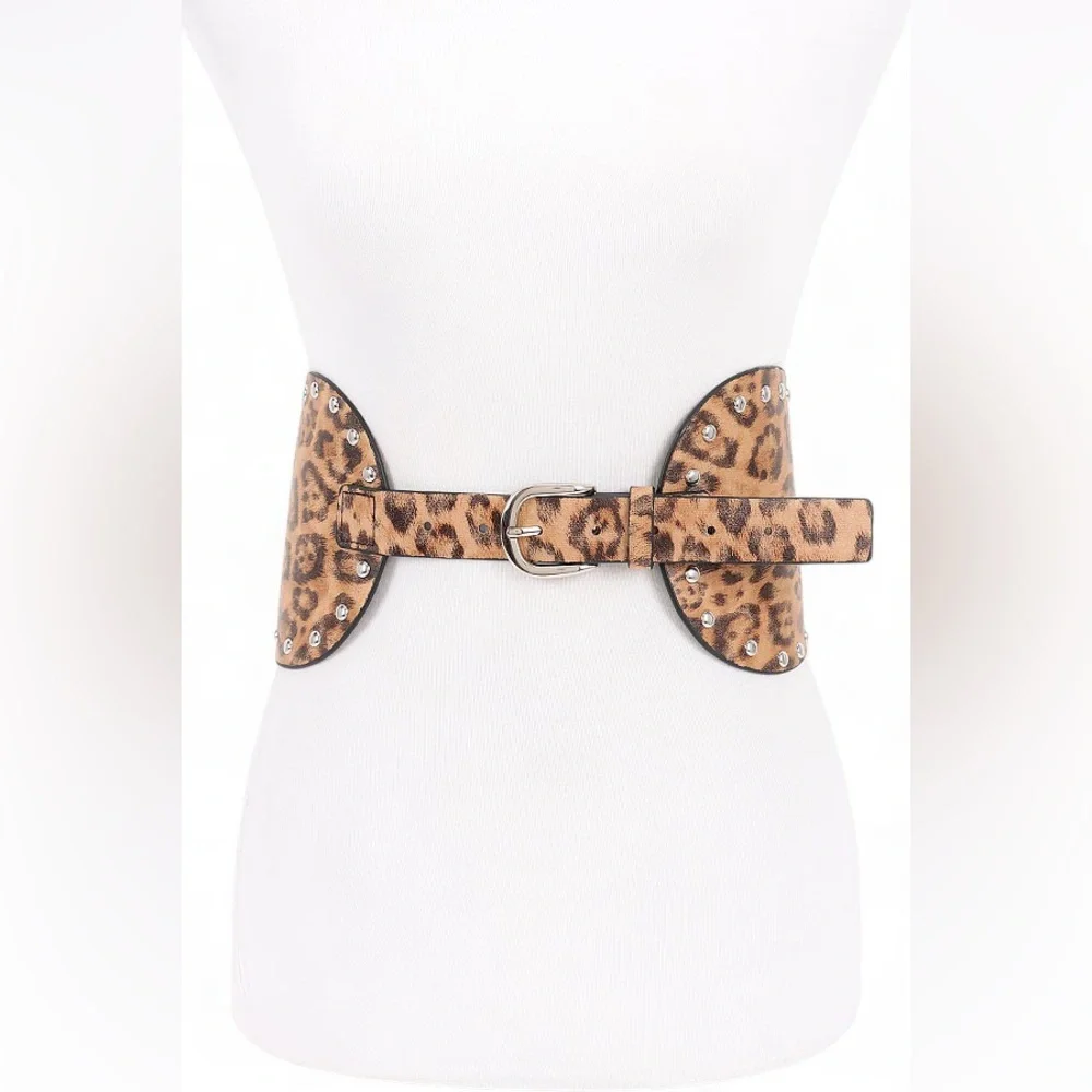 Vegan Leather Leopard Animal Print Statement Belt with Silver Accents
